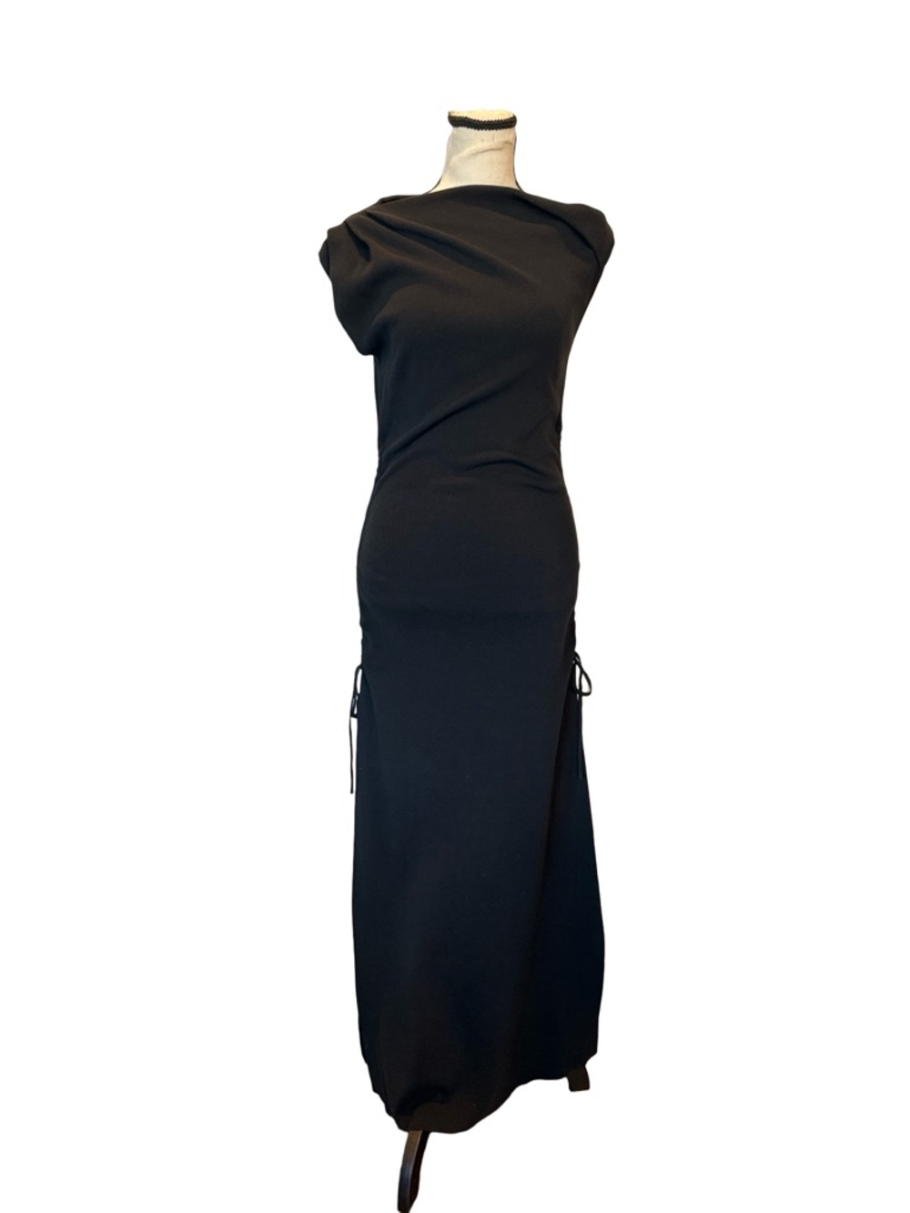 Lioness Black Sleeveless Maxi Dress Medium Ruched Side Slit Ribbed Bodycon